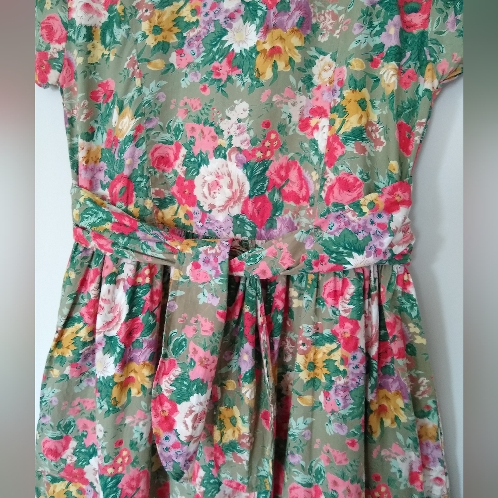 Vintage 90's Erika Cotton Green Multicolor Floral Cottage Midi Dress Sz Lg - Picture 4 of 9